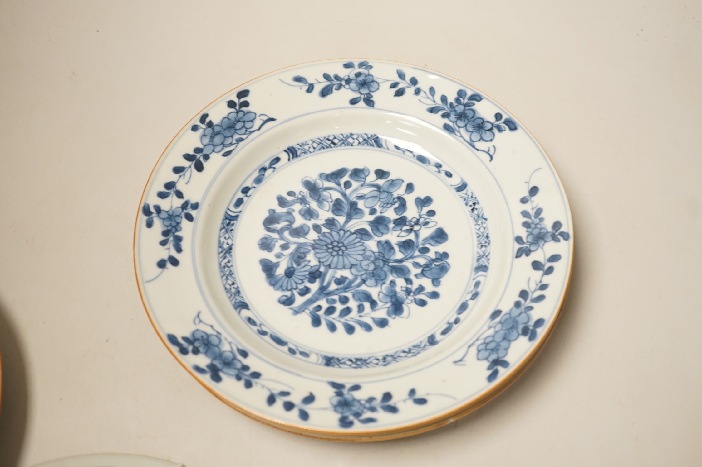 Five 18th century Chinese blue and white plates. 22.5cm diameter